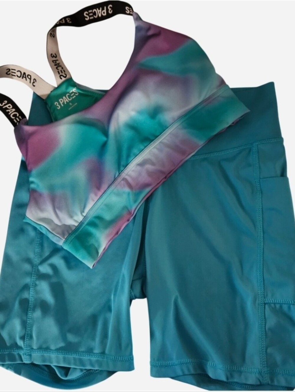 ​3 PACES Activewear Set Watercolor Tie Dye Bra S & High Waist Pocket Shorts M